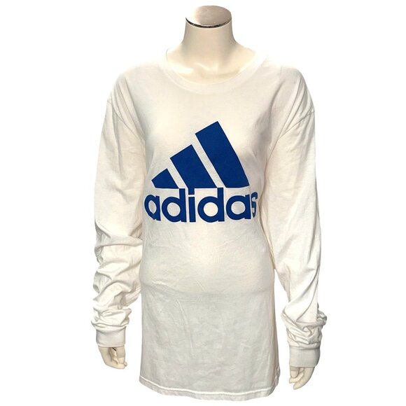 Adidas White Long Sleeve Shirt 2XL Blue Logo Street Style Athletic Tee Top - Picture 2 of 8